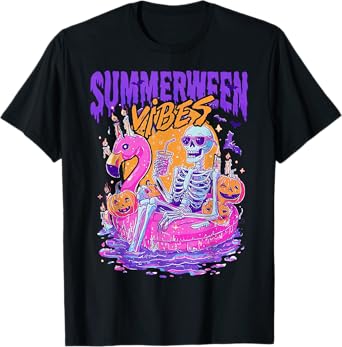 Summerween Vibes Skeleton Pumpkin Spooky Vacation T-Shirt