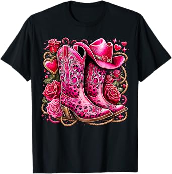 Roses Cowgirl Boots Girl Cowboy Pink Hat T-Shirt