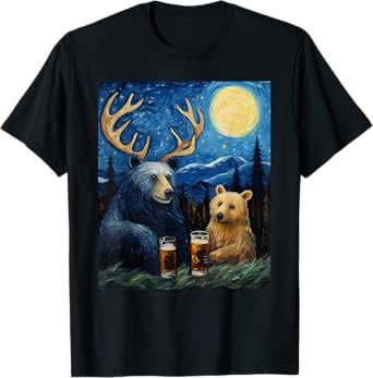 Aesthetic Vangogh Style Starry Night Beer Bear and Deer T-Shirt
