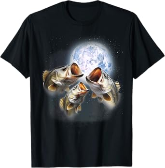 3 Bass Fish At The Moon Funny Bass Fishing Lover Fisherman T-Shirt