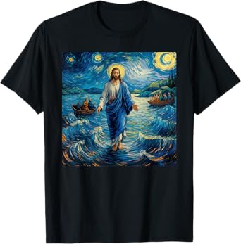 Jesus Walking On Water Van Gogh Starry Night For Christians T-Shirt