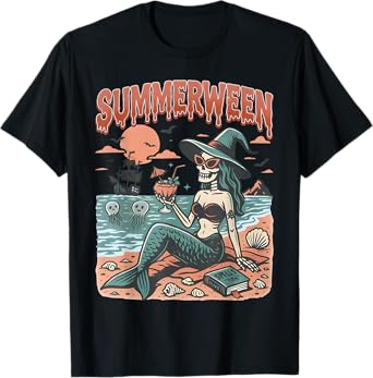 Summerween Mermaid Skeleton Beach Flamingo Halloween Girl T-Shirt