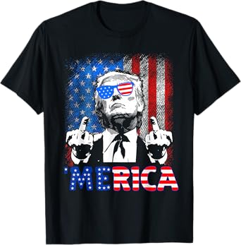 Funny Trump 4th Of July Merica American Flag Sunglasses T-Shirt