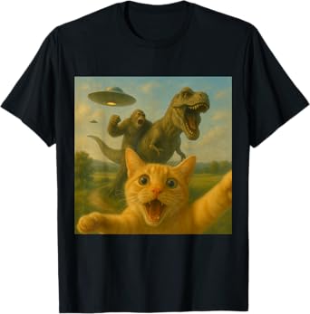 Funny Surprised Scared Cat Selfie T-Rex Dinosaur Bigfoot UFO T-Shirt
