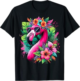 Flamingo with Sunglasses Tropical Flowers Summer Vibe T-Shirt
