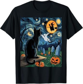 Halloween Van Gogh Starry Night Black Cat Pumpkins Witch Men Women Kids T-Shirt