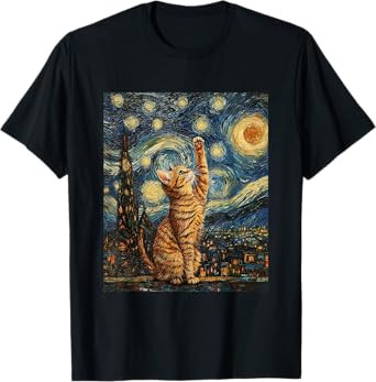 Cat Van Gogh Style Starry Night Art Funny Graphic Men Women Kids T-Shirt