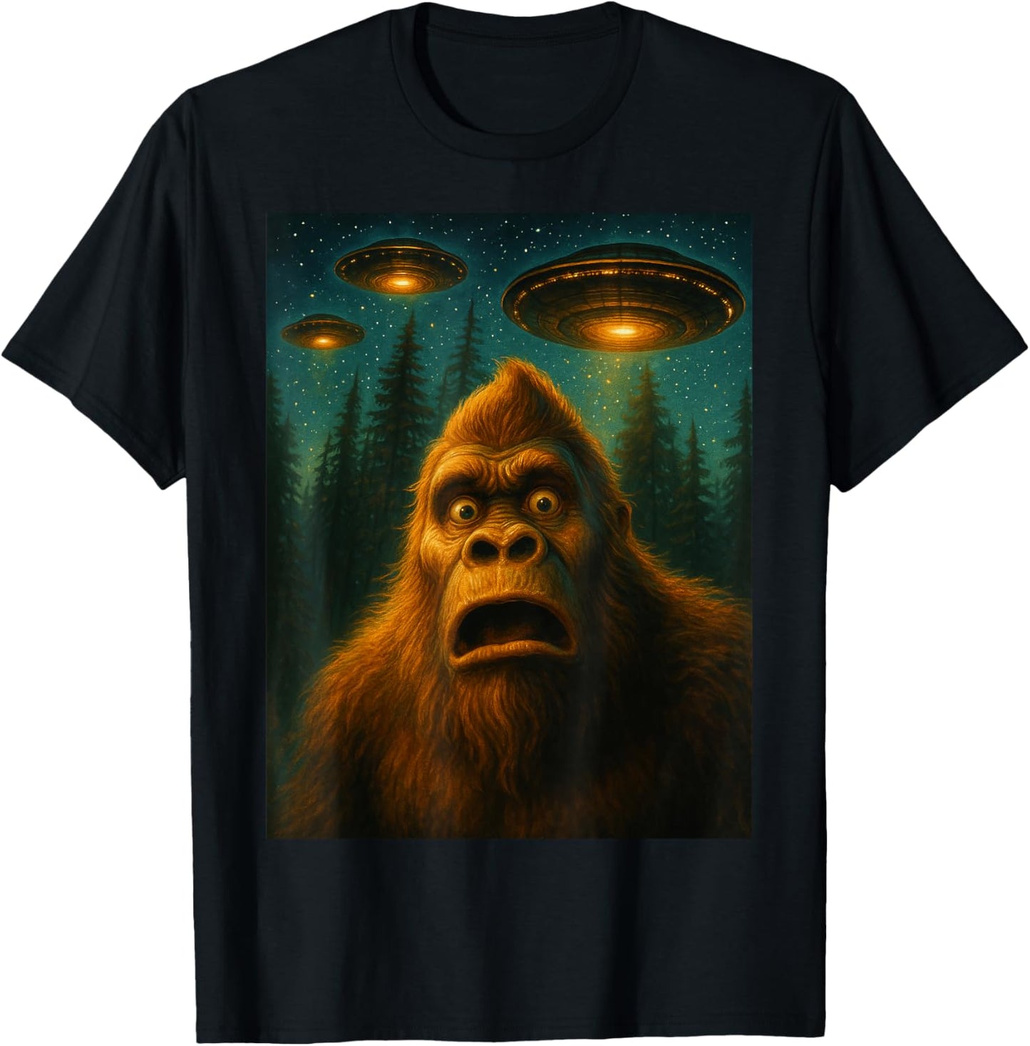 Bigfoot Sasquatch Alien UFO Starry Night Gifts Men Women Kid T-Shirt