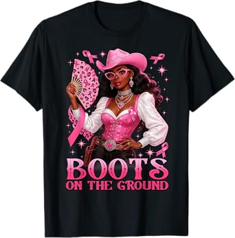 Boots On The Ground Pink Cowgirl Breast Cancer Western T-Shirt