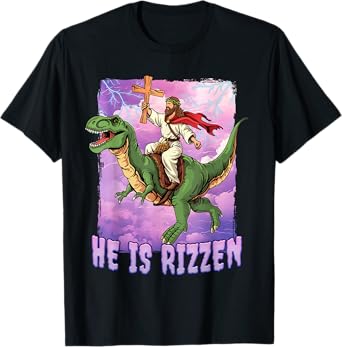 Jesus Riding A Dinosaur Jesus Rizz Meme T-Shirt - Black, Small, Unisex-Adults, Short Sleeve, Classic Fit, Cotton 65% Polyester 35%