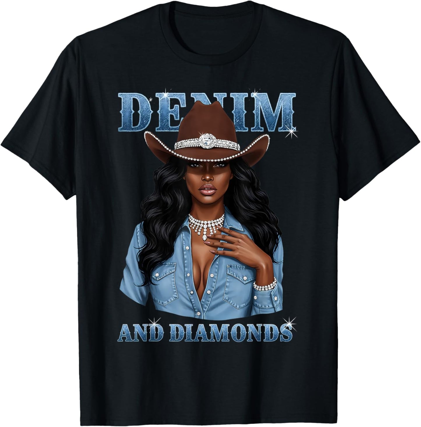 Denim and Diamonds African Melanin Cowgirls Western T-Shirt