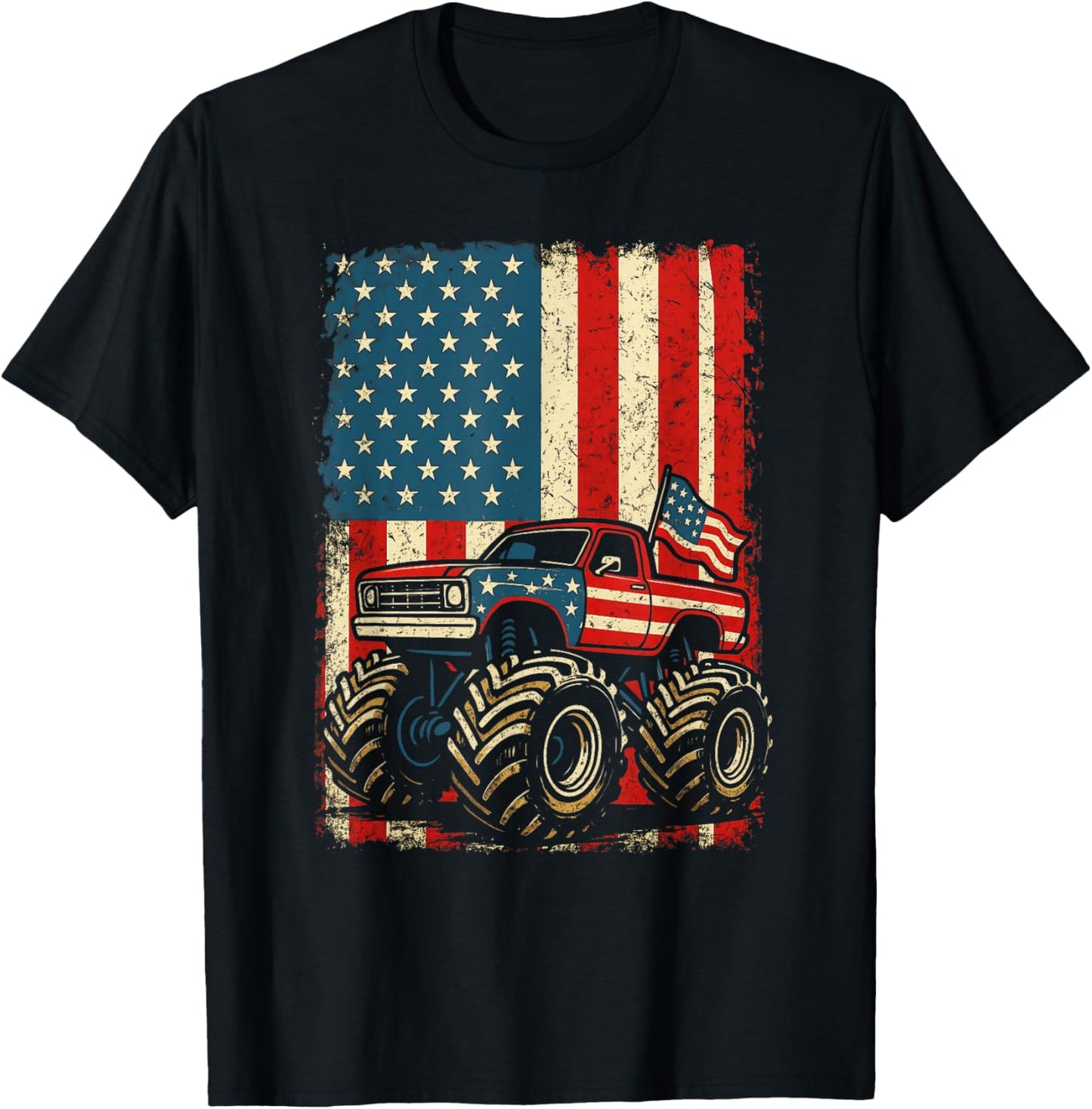Monster Truck Usa Flag American Funny 4th Of July Kids Boys T-shirt