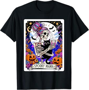 Spooky Mama Tarot Card Halloween Mom Skull Mama Black Cat T-Shirt for Men Women Kids