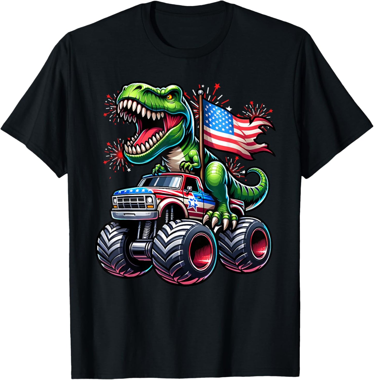 4th July T rex Dinosaur Monster Truck American USA Flag T-Shirt