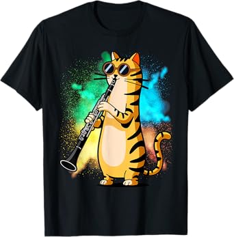 Cool Cat Playing The Clarinet Design Hippy Hipster Kitty T-Shirt