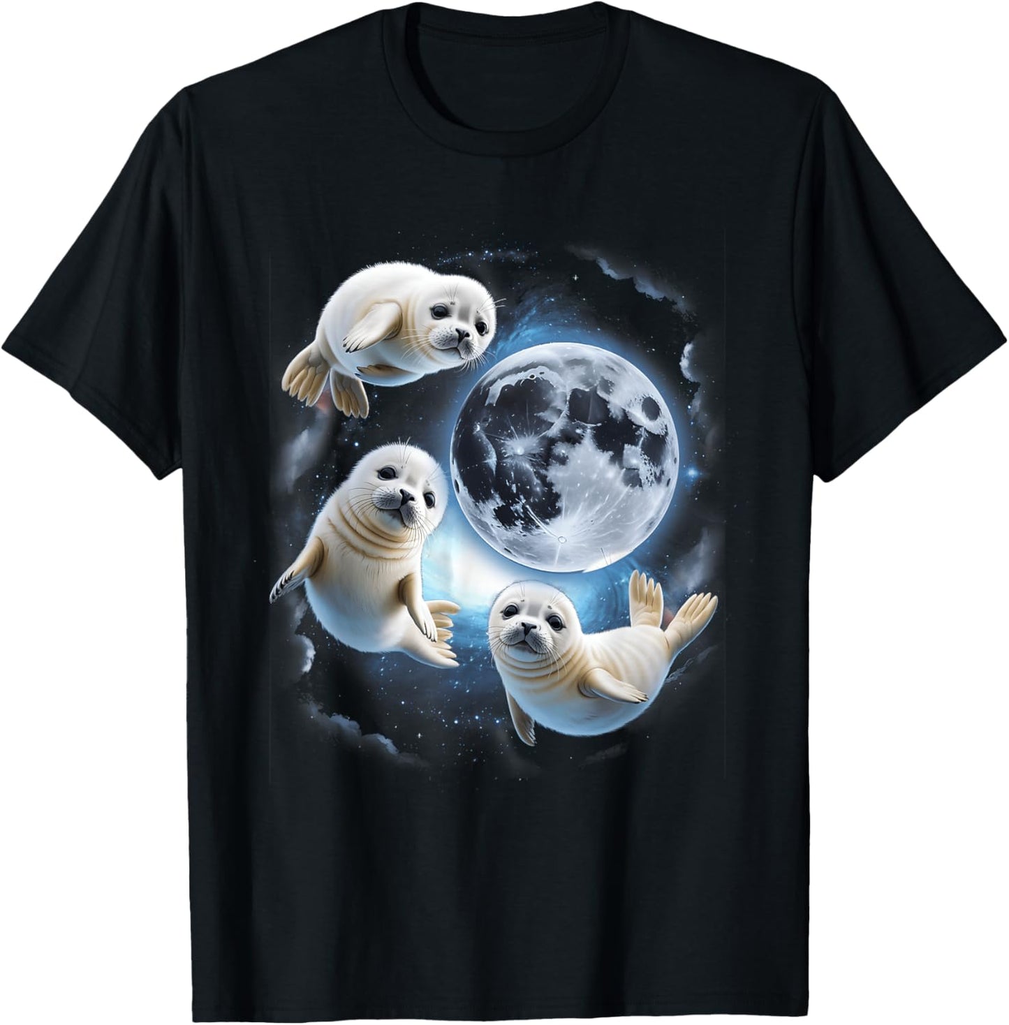 Three Cute Baby Seals Moon Seal Under Moon Funny T-Shirt