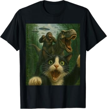 Funny Surprised Scared Cat Selfie T-Rex Dinosaur Bigfoot UFO T-Shirt