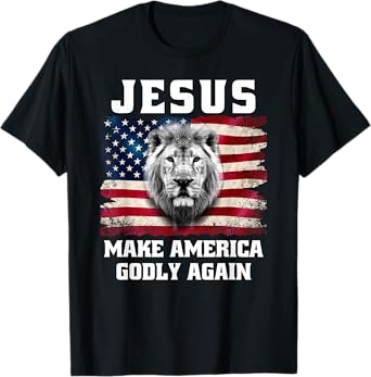 Jesus Make America Godly Again Christian Faith USA Flag Lion T-Shirt
