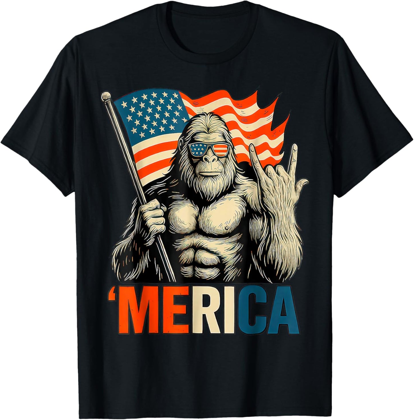 Bigfoot Merica Rock Patriotic American Flag 4th Of July T-shirt