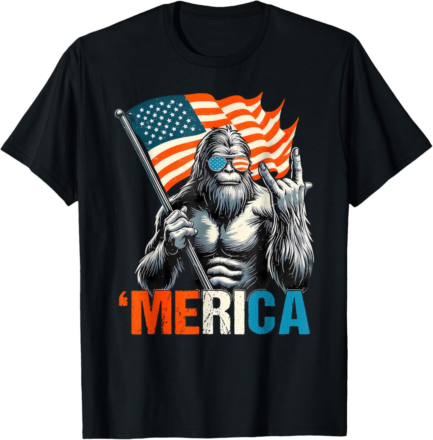 American Flag Patriotic 4th Of July Bigfoot Merica Rock T-Shirt