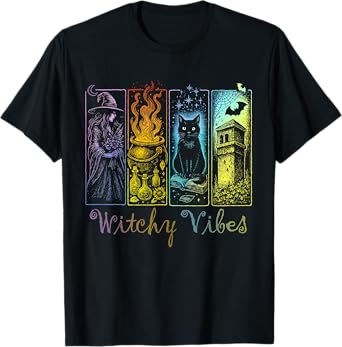 Halloween Witchy Vibes Witch Black Cat Cauldron Bats Witchy T-Shirt
