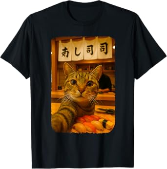 Funny Cat Sushi Selfie Japanese Restaurant T-Shirt