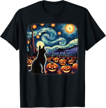 Halloween Black Cat Van Gogh Starry Night Pumpkins Bats Men Women Girls Kids T-Shirt