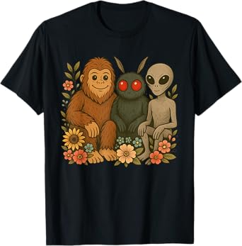 Cute Mothman Alien And Bigfoot Cryptid Friends Floral Art T-Shirt