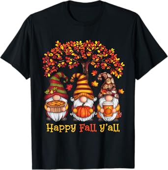 Happy Fall Autumn Leaves Pumpkin Garden Gnomes T-Shirt