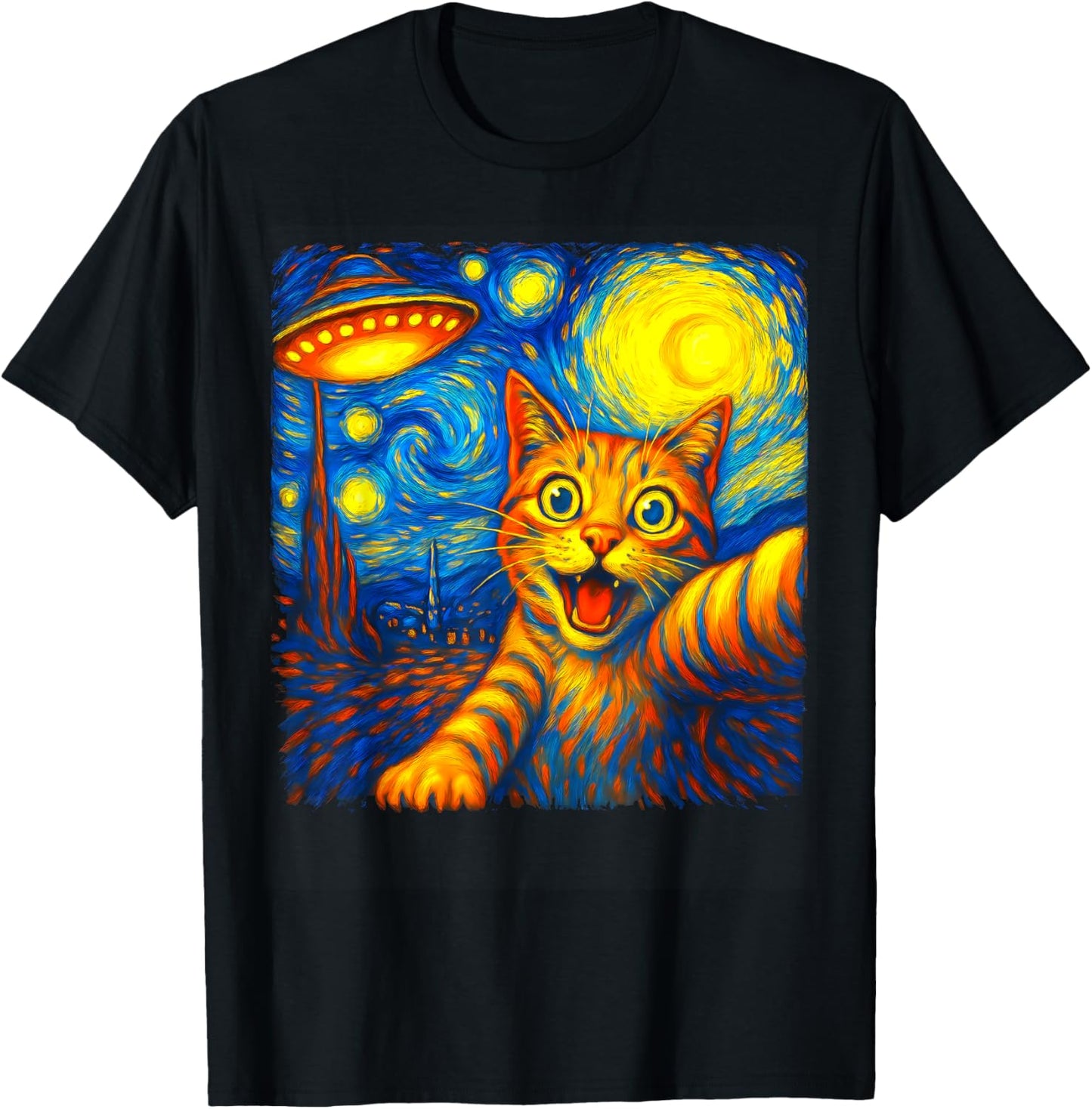 Cat Selfie With Alien Ufo Funny Starry Night Van Gogh T-shirt