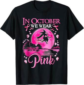 In October We Wear Pink Ribbon Witch Halloween Breast Cancer T-Shirt