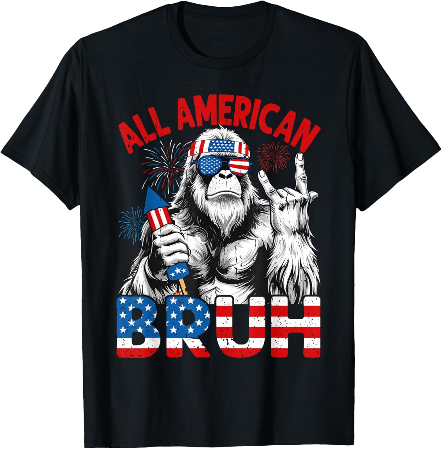 Bruh Bigfoot Merica Rock American Flag Patriotic 4th Of July T-shirt