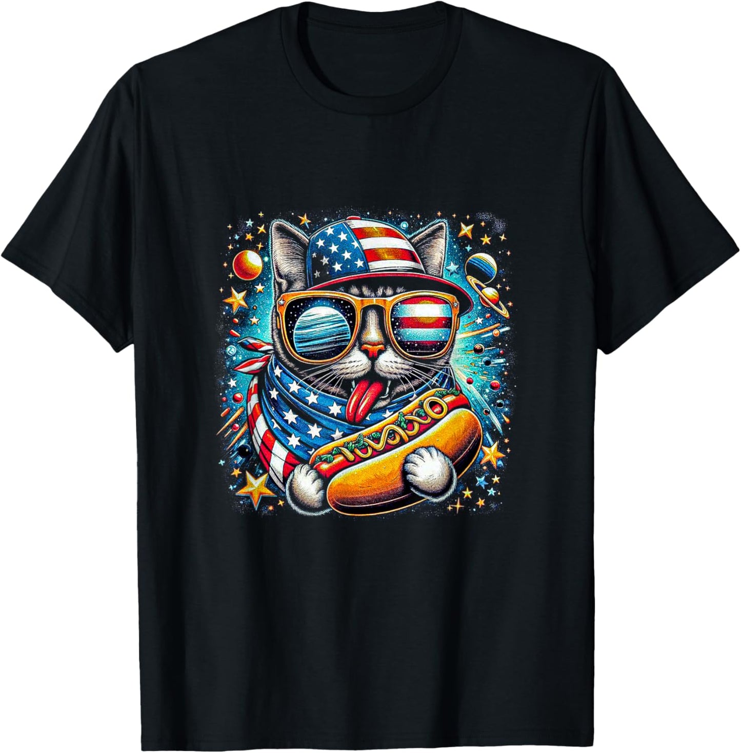 Cat Eating Funny Hot-dog In Space 4th Of July American Cat T-shirt