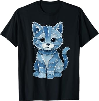 Retro Funny Denim Patch Animal Cute Kitten Print Cat Lover T-Shirt for Men Women