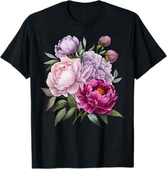 Peony Flowers Watercolor Lavender Purple Peonies Pink Peony T-Shirt
