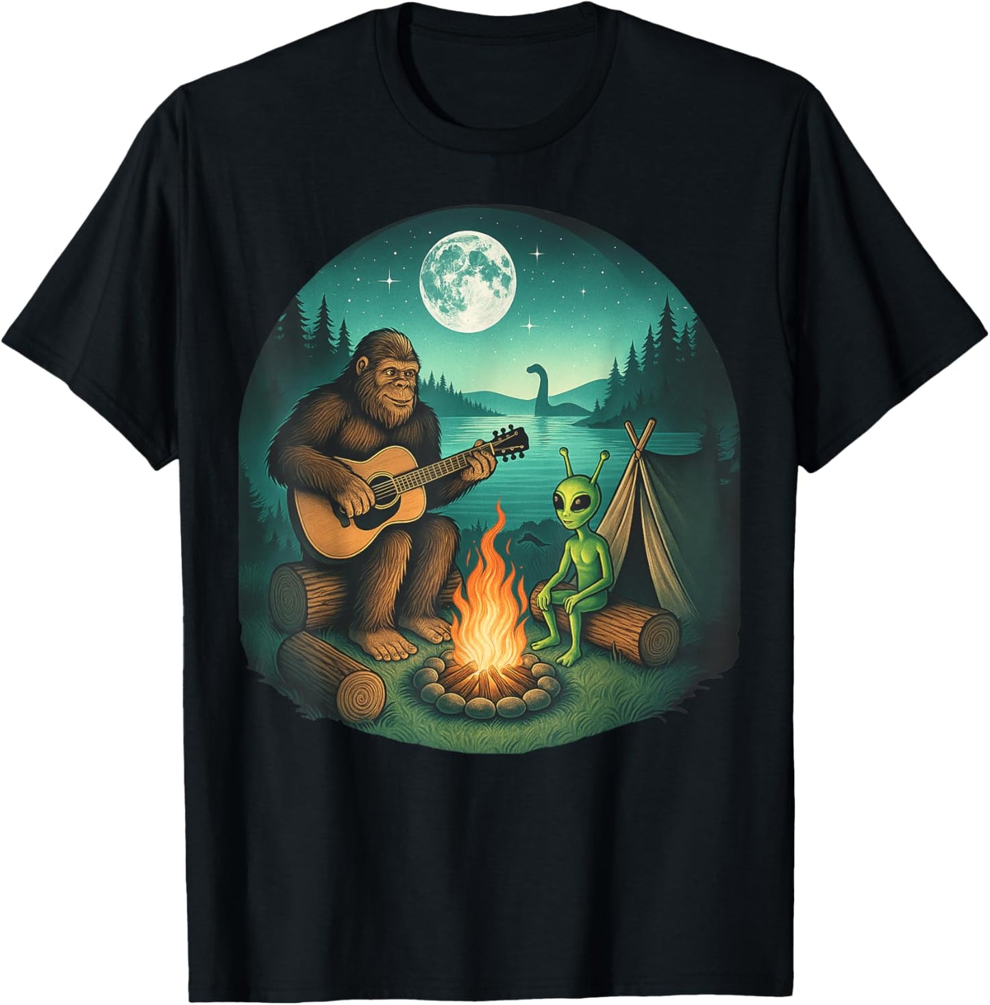 Bigfoot And Alien Loh Ness Campfire For Outdoor Lovers T-shirt