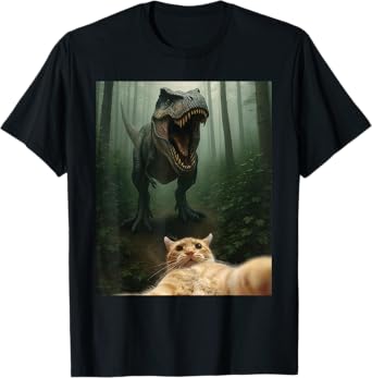 Funny Cat Selfie with T-Rex Dinosaur T-Shirt