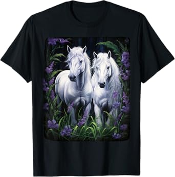 2 Horses standing in a meadow with flowers T-Shirt