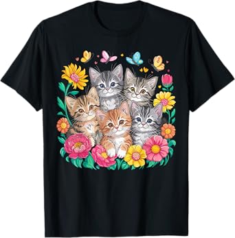 Cat Colorful Kittens Floral Cat T-Shirt