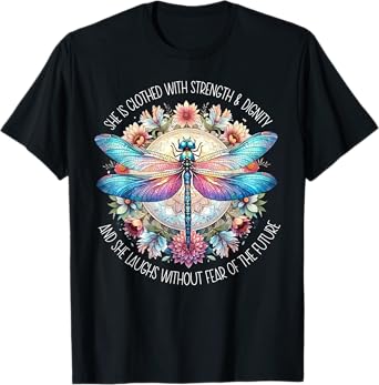 Boho Floral Dragonfly She Is Clothed With Strength & Dignity T-Shirt