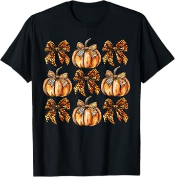 Leopard Coquette Bow Pumpkin Thanksgiving Autumn Fall Leaves T-Shirt