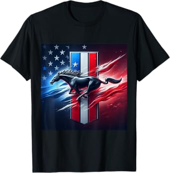 Galloping Mustang on Tri-Bar & Flag background T-Shirt