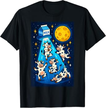 Cosmic Cow Yoga Abduction Cartoon Cows, Milk Carton UFO & T-Shirt