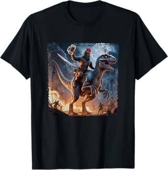 Epic Rooster Riding Dinosaur with Sword Beer Fantasy Battle T-Shirt