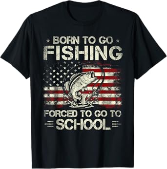 Born To Go Fishing Forced To Go To School Bass Fishing Flag T-Shirt