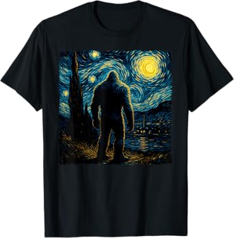 Bigfoot Starry Night Sasquatch Van Gogh Sky Painting Art T-Shirt
