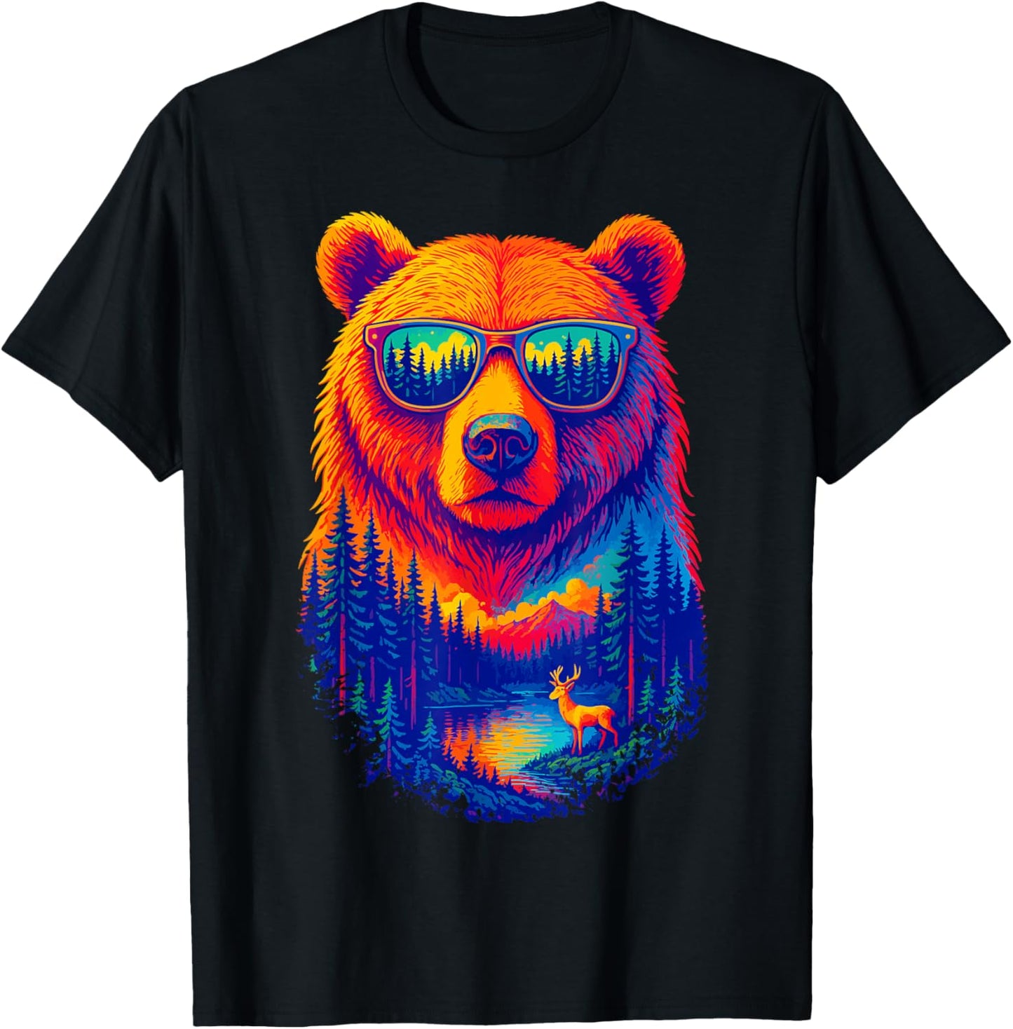 Bear Sunglasses Wildlife Deer Campfire Nature Vintage Forest T-Shirt
