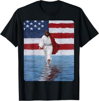 Jesus Walking On Water American Flag USA T-Shirt