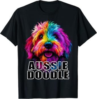 Aussiedoodle Aussie Doodle Puppy Dog Lover Colorful Black T-Shirt for Men Women Kids