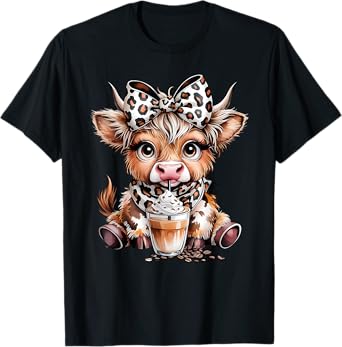 Cute Highland Cow Coffee Addict Funny Drink Coffee Cowgirl T-Shirt